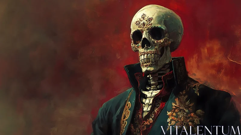 Regal skeletal noble stands amid fiery red gloom.