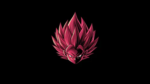 Spiky pink anime warrior head glows against black void