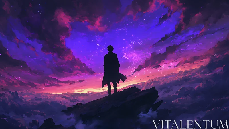 Silhouette stands on cliff beneath vivid purple sunset sky