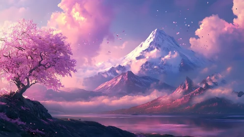 Blossoming tree below luminous snowcapped fantasy peak.