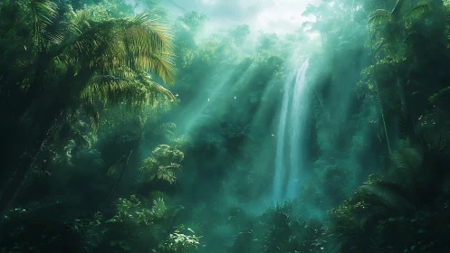 Tropical forest canopy with waterfall and light rays.