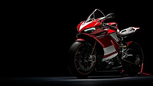 Red sport motorcycle in low key studio lighting profile.
