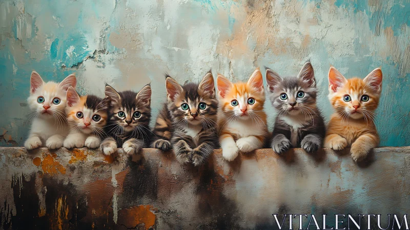 Seven Kittens Lined Up Against Weathered Turquoise Wall.