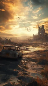 Postapocalyptic highway ruins under blazing sunset sky.