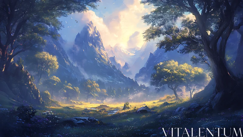 Luminous Mountain Valley Sanctuary with Towering Peaks.