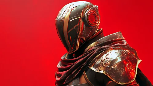 Armored sci fi figure with helmet on uniform red background.