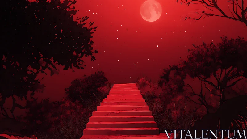 Red gradient nightscape with central stairway under blood moon