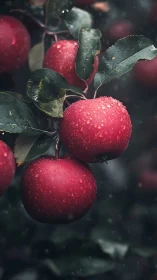 Rain-kissed red apples glowing softly on a leafy branch.