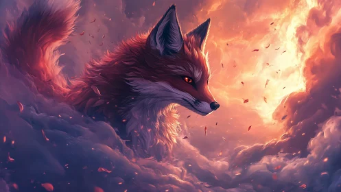 Fiery red fox emerging through glowing storm clouds.
