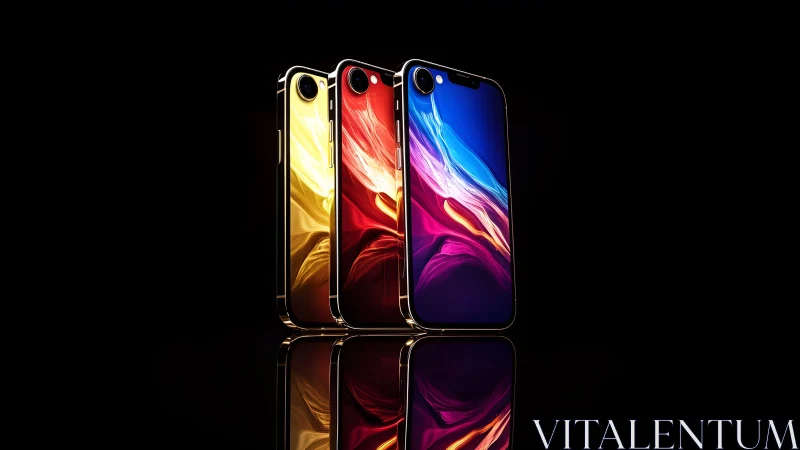 Three luxury smartphones with vivid abstract screens, studio lighting.