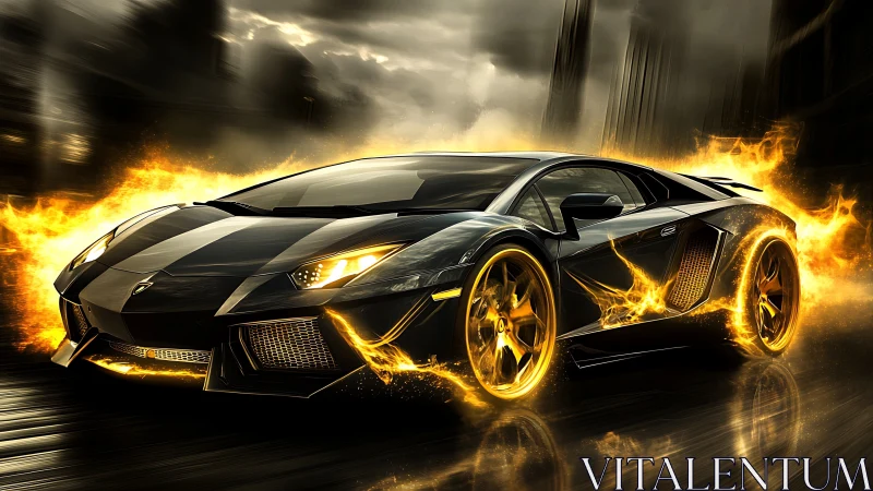Flaming black supercar racing through molten city streets.