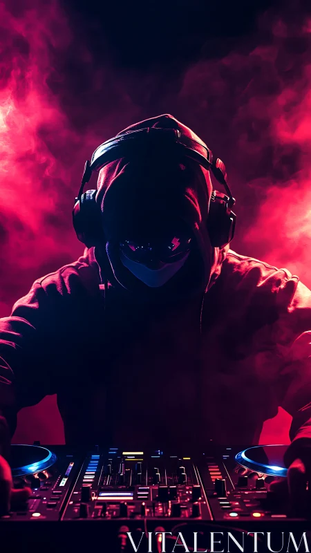 Hooded night pilot bends neon smoke into pulsing soundwaves