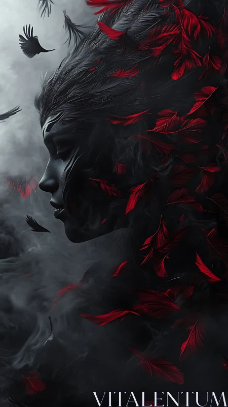 Midnight feathered muse exhales scarlet whispers into smoke