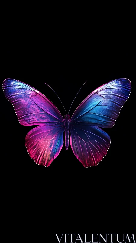 Luminous neon butterfly glowing softly on deep black sky.