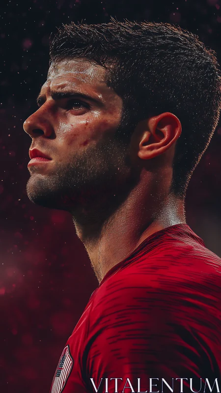 Scarlet stadium warrior gazing into floodlit destiny.