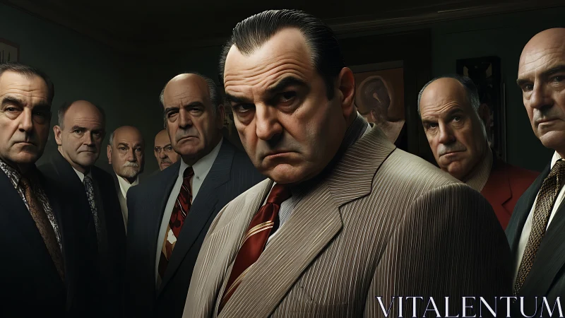 Group of middle‑aged men in suits gathered indoors. Period.