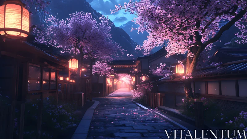 Nighttime cherry blossom street in traditional village.