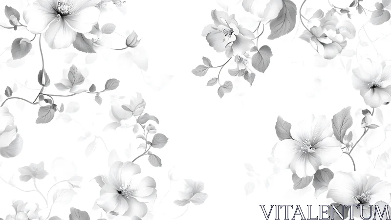 Delicate Grayscale Botanical Florals Frame White Space