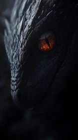 Dragon eye glows through shadowed obsidian scales.