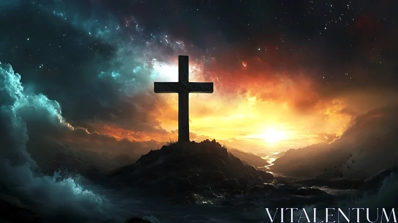 Backlit cruciform silhouette in storm-torn celestial horizon.