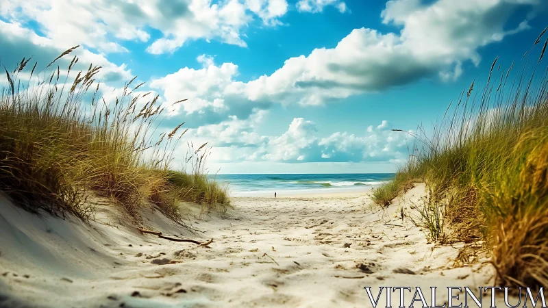Sandy dune path leads toward distant shoreline and waves