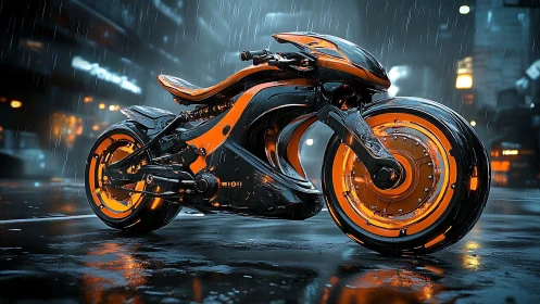 Cyberpunk electric motorcycle with neon orange trim in rain.
