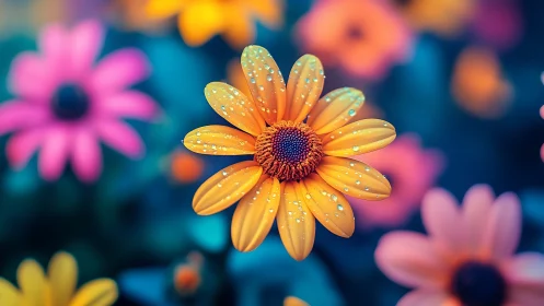 Yellow daisy with water droplets on petals against blurred floral background.