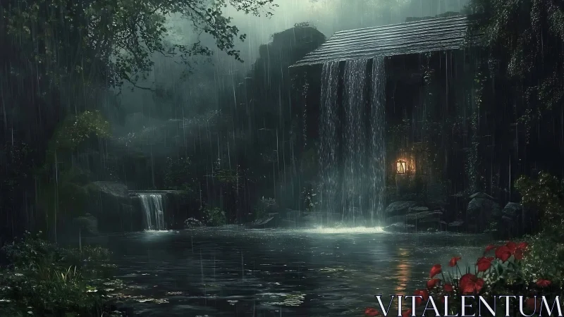 Rain-silvered forest mill hums softly beneath veiled waterfalls