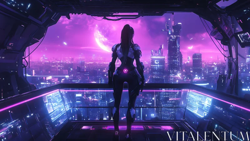 Cyborg figure in spacecraft bay overlooking neon cityscape.