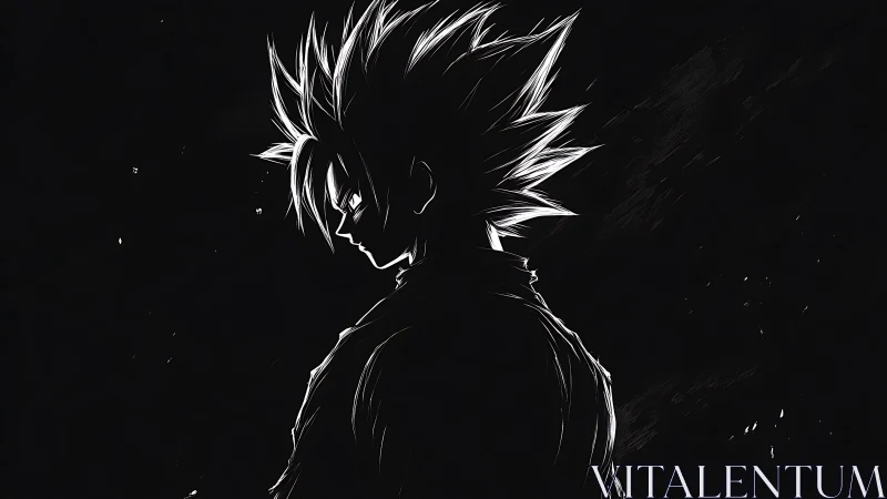 Brooding anime hero outlined in bold white against night.