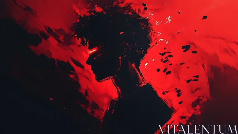 Brooding silhouette glows against swirling red energy storm.