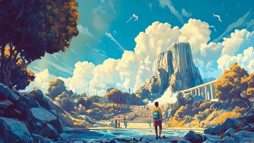 Backpack dreamer at sunlit canyon steps to cloudbound cliffs.