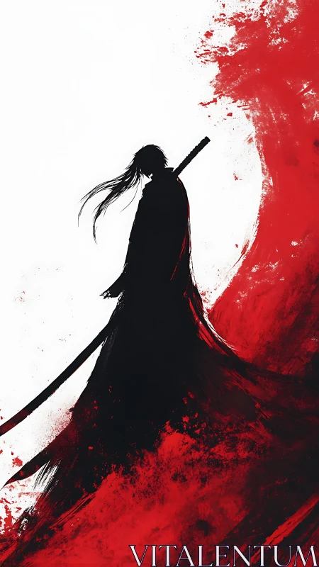 Ink-silhouetted samurai against dynamic red brush surge.