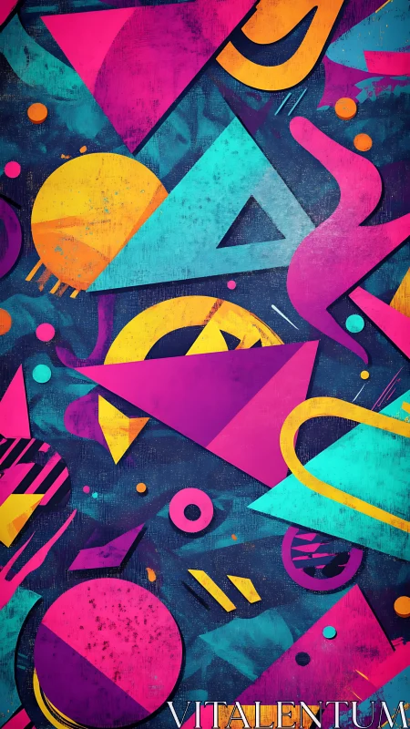 Vibrant geometric neon shapes with textured grunge finish.