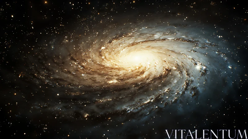 Spiraling starlit galaxy curls inward to a molten bright core