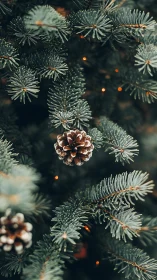 Pine cone hangs on evergreen branch with soft festive lights
