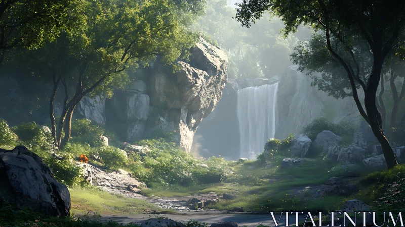 Misty Waterfall Canyon Through Ancient Forest Canopy.