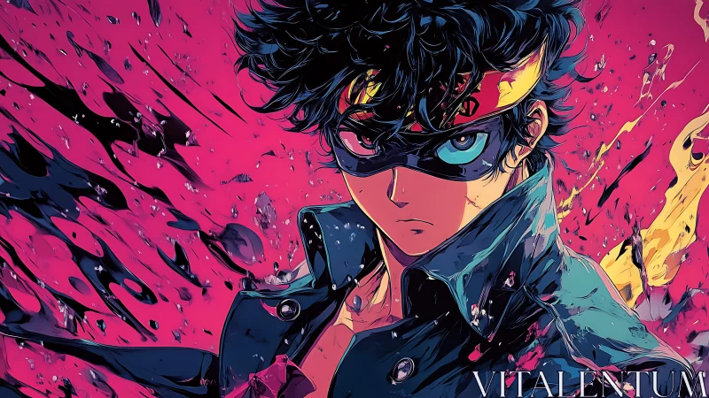 Masked anime vigilante amid dynamic magenta energy burst