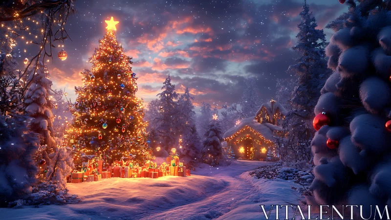 Snowy forest Christmas tree glows beside a cozy cottage.