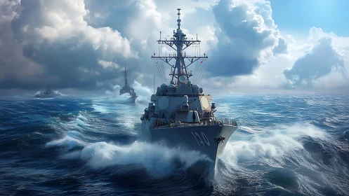 Steady navy ship cutting through bright, stormy blue seas.