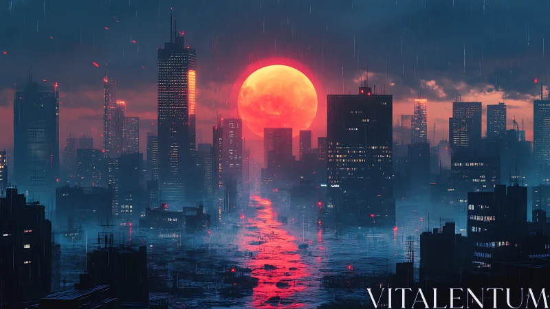 Crimson moonrise over a neon-soaked midnight skyline.