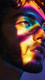 Close-up male portrait with refracted multicolor prism lighting
