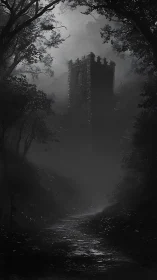 Rain-wrapped tower broods above a forsaken forest path.