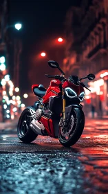 Red sport motorcycle under neon-lit wet city streetlights.