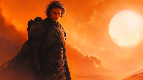 Lone armored wanderer under blazing desert sunscape.