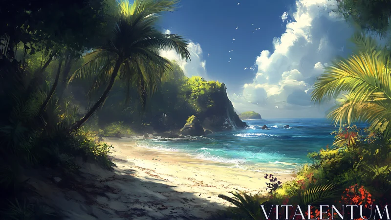 Tropical Paradise Beach Nestled Among Lush Island Palms.