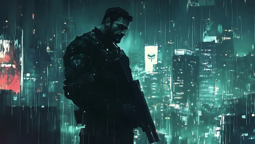 Armored sentinel studies neon-soaked cityscape under heavy rain