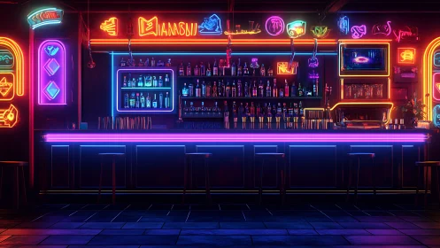 Neon-illuminated cocktail bar interior with saturated RGB light gradients
