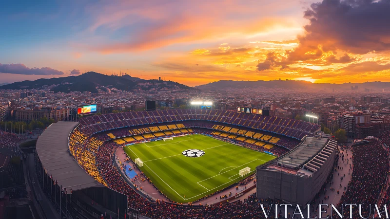 Panoramic football stadium under dramatic sunset sky, urban skyline
