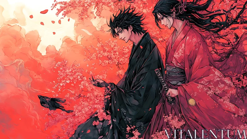 Samurai couple stride through crimson blossoms in silence.